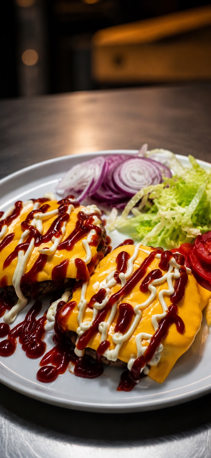 Doppio cheeseburger al piatto con insalata, cipolla e salse di Pizzeria Cavaliere
